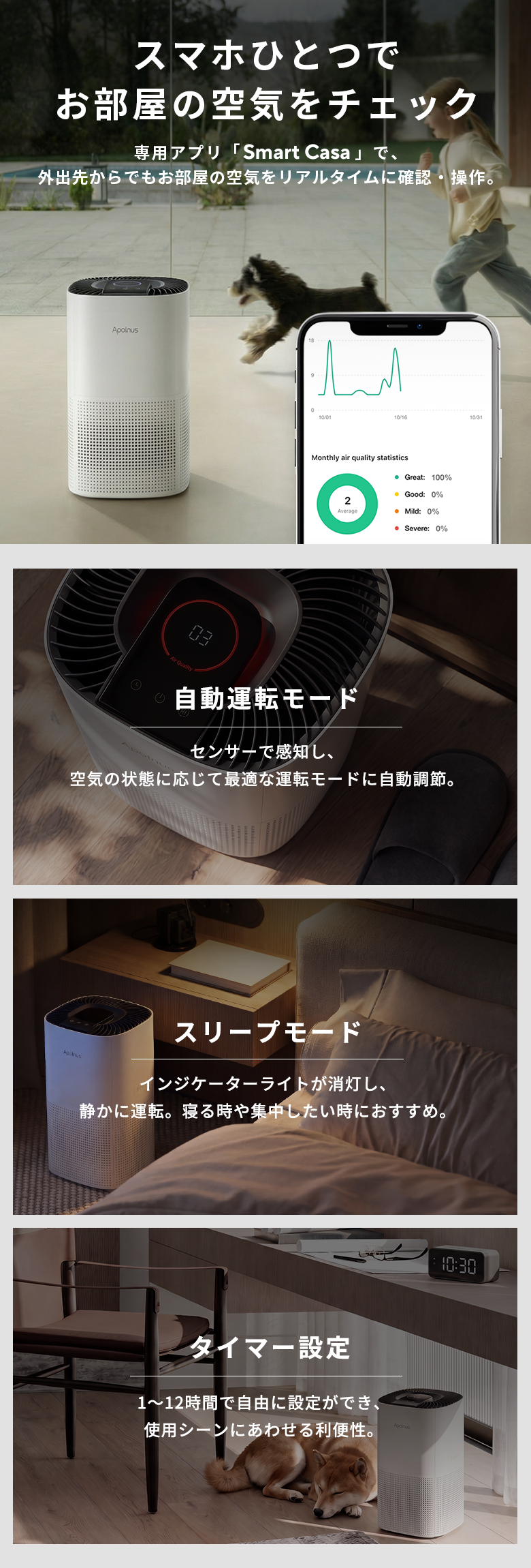 スマホひとつでお部屋の空気をチェック。専用アプリSmart Casaで自動運転モード・スリープモード・タイマー設定を外出先からリアルタイムに確認・操作