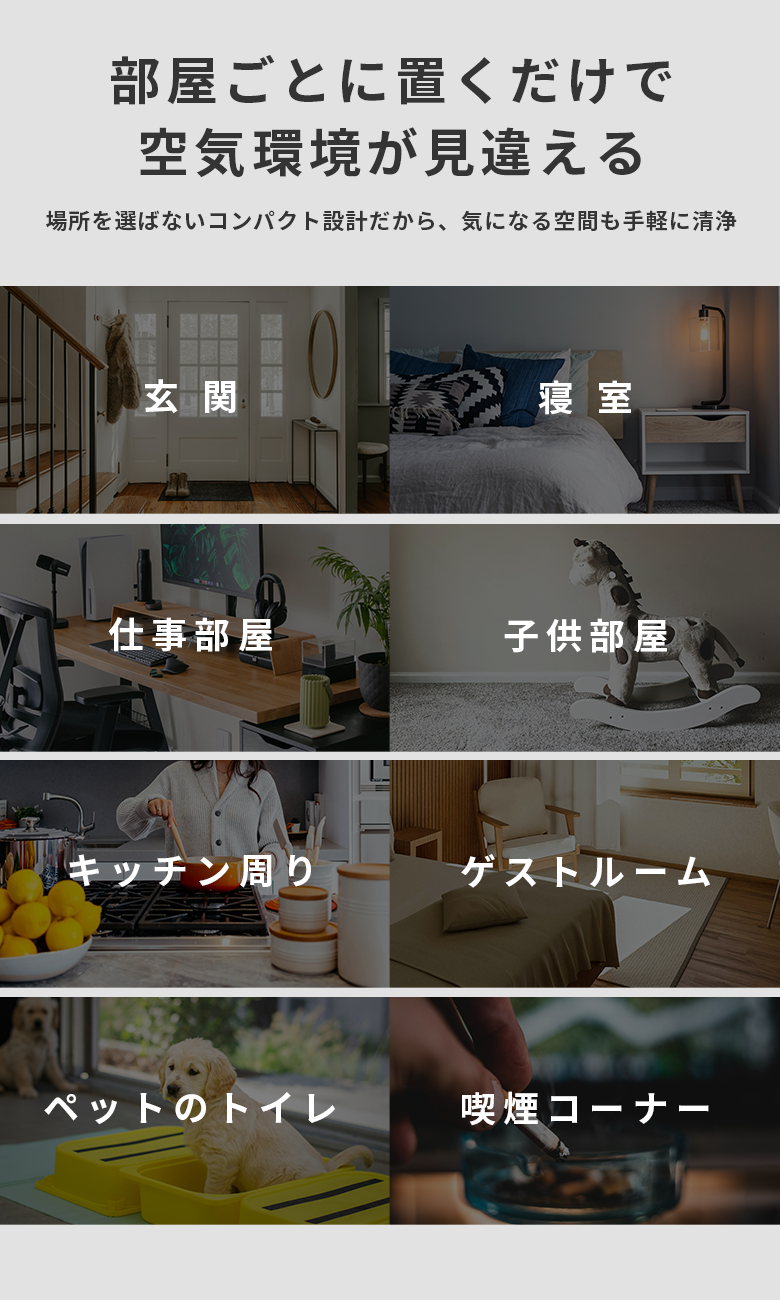 部屋ごとに置くだけで空気環境が見違える。玄関・寝室・仕事部屋・子供部屋・キッチン周り・ゲストルーム・ペットのトイレ・喫煙コーナーの8シーン
